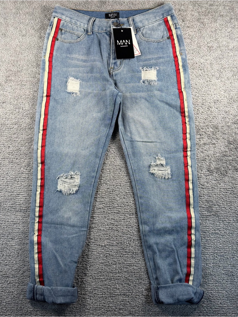 Boohoo MAN Button Fly Jeans Men’s 30x32 Med Wash Skinny Fit Striped Distressed